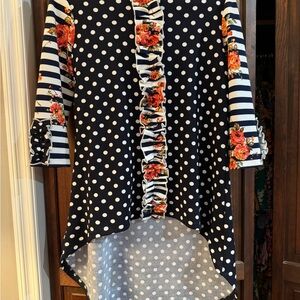 Custom navy Polka Dot and Floral Ruffle Blouse